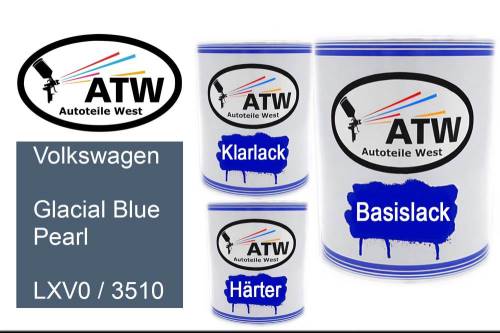 Volkswagen, Glacial Blue Pearl, LXV0 / 3510: 1L Lackdose + 1L Klarlack + 500ml Härter - Set, von ATW Autoteile West.